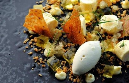 Lemon parfait, fennel pollen ice cream, fennel granita, and olive oil jelly
