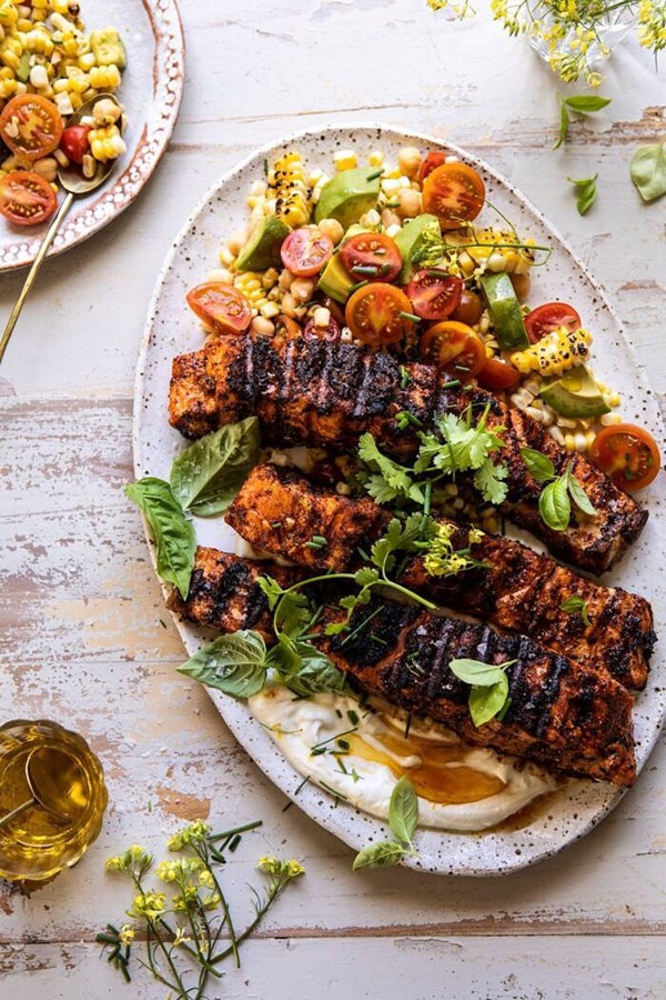 Lemon Parmesan salmon with corn, tomato, and avocado salad