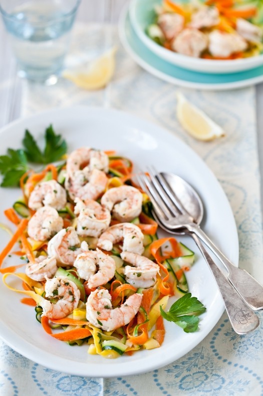 Lemon parsley marinated shrimp with a ribbon veggie salad