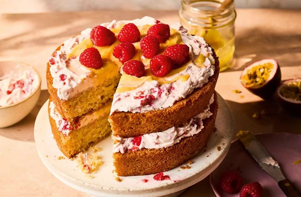 Lemon, passion fruit & raspberry summer cake