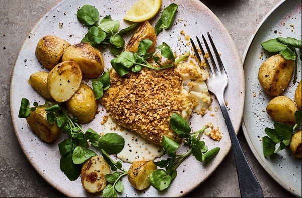 Lemon pepper cod, baby potatoes & watercress