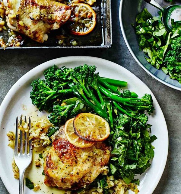 Lemon, pineapple and herb-roasted chicken with greens