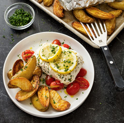 Lemon-poached halibut with roasted fingerling potatoes