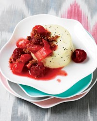 Lemon, poppy and chèvre cheesecakes with rhubarb
