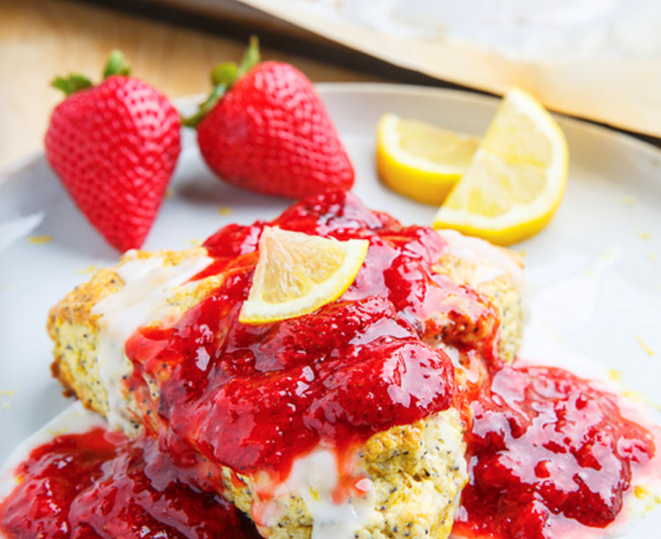 Lemon poppy seed ricotta scones with strawberry sauce
