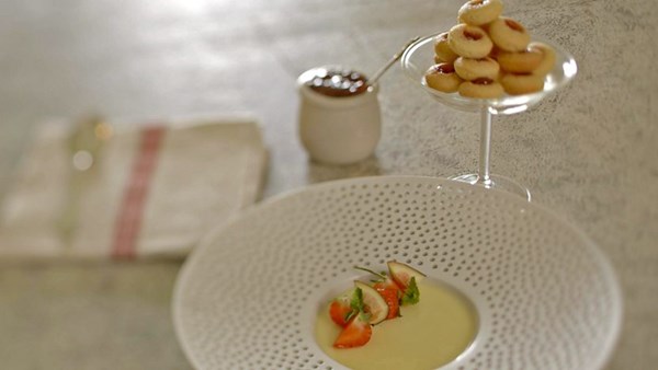 Lemon posset with figs, strawberries and Gran’s shortbreads