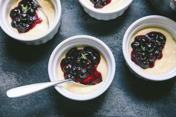 Lemon pudding with blueberry compote