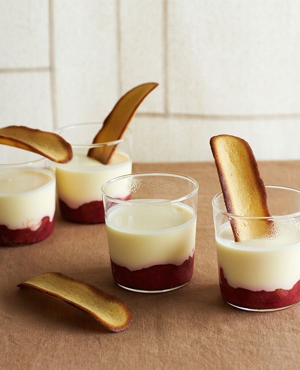 Lemon, rhubarb and yoghurt posset with ginger thins
