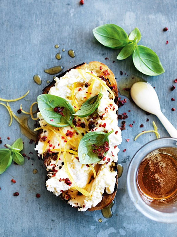 Lemon, ricotta, basil and honey bruschetta