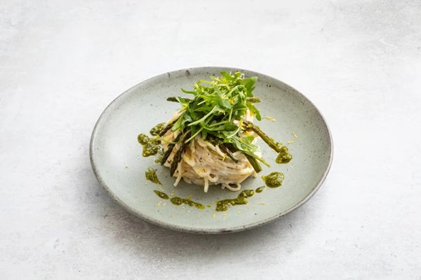 Lemon ricotta spaghetti lunghi with charred asparagus