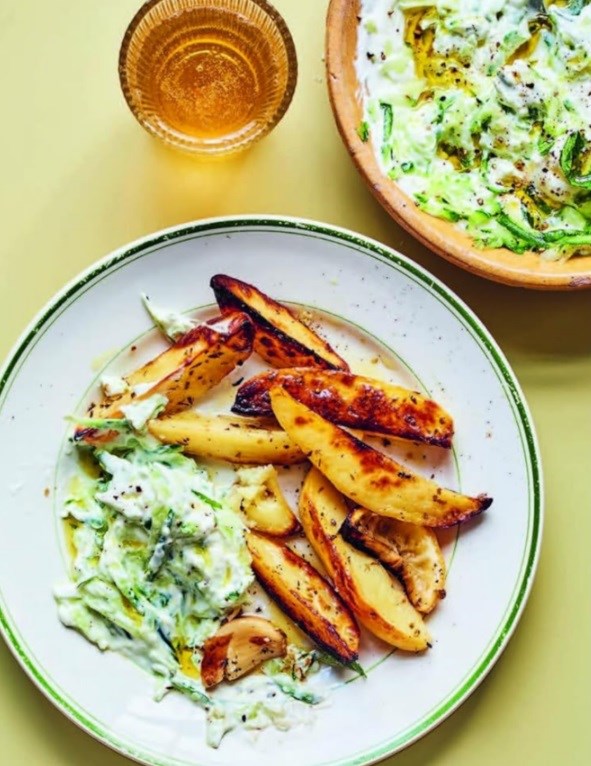 Lemon roast potatoes with cucumber and honey yoghurt
