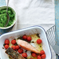 Lemon-roast salmon with pea and basil mash