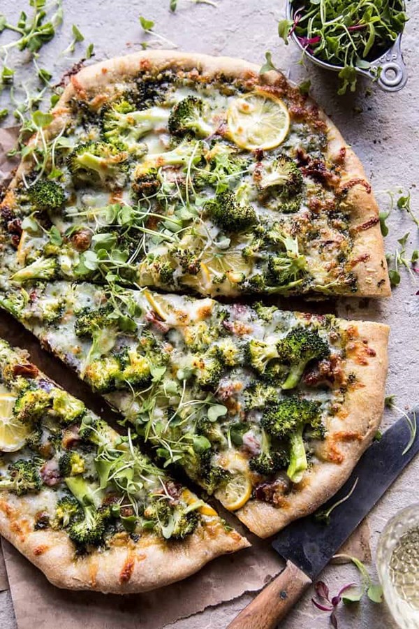 Lemon roasted broccoli whole wheat pizza