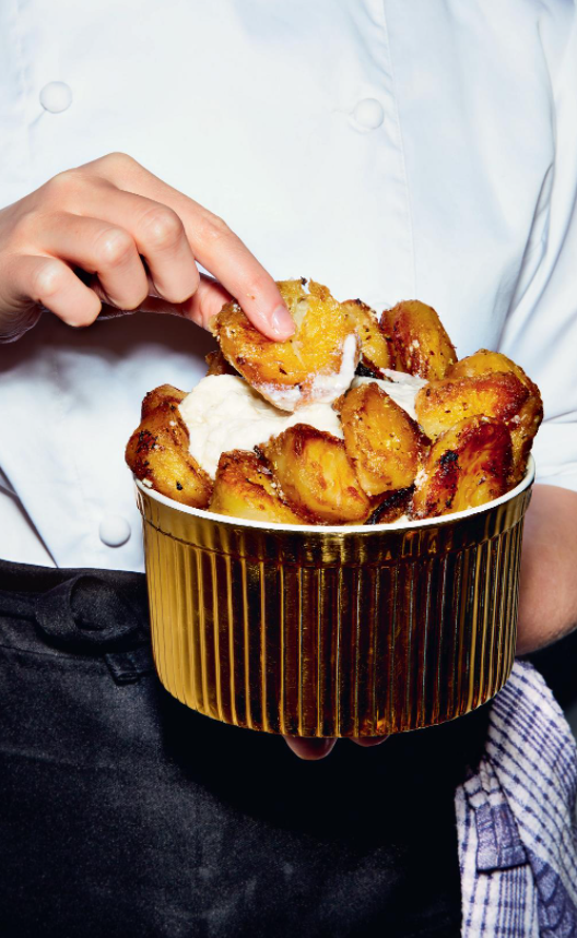 Lemon-roasted potatoes with feta dressing