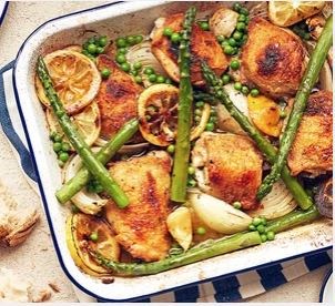 Lemon roasted spring chicken with asparagus