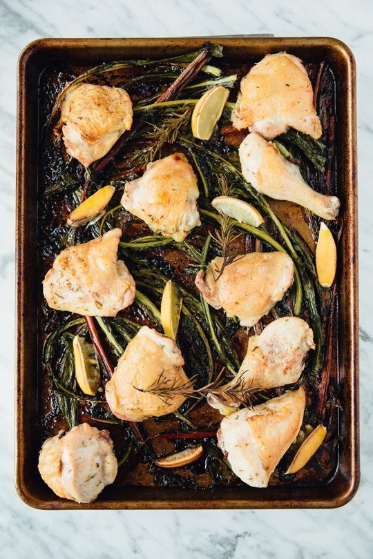 Lemon-rosemary roast chicken with winter green stems