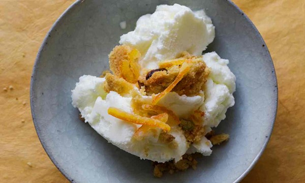 Lemon sheep’s yogurt ice cream with nut crumble