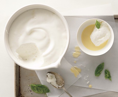 Lemon snow pudding with basil custard sauce