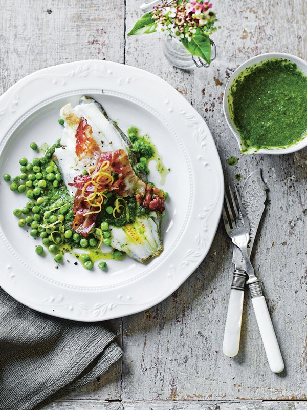 Lemon sole, pancetta, peas and salsa verde