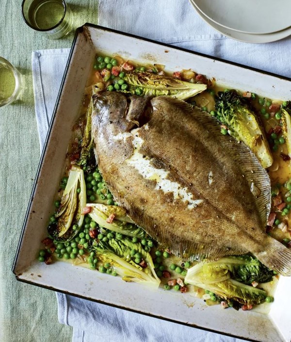 Lemon sole with braised lettuce, peas & pancetta
