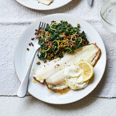 Lemon sole with cavolo nero and lentils