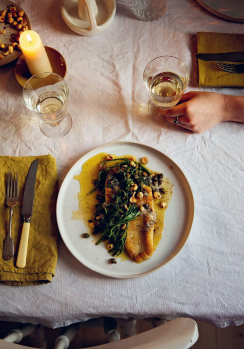 Lemon sole with samphire, hazelnuts and capers