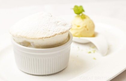Lemon soufflé with lime sorbet