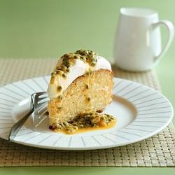 Lemon syrup cake with passionfruit cream