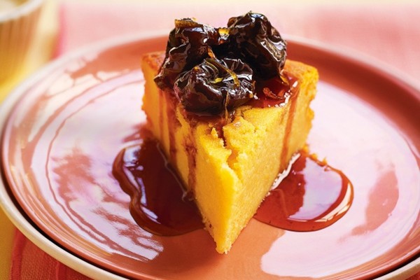 Lemon-syrup yoghurt cake with boozy prunes