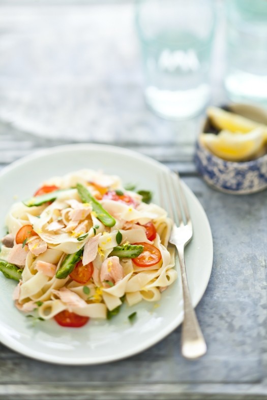 Lemon thyme linguine with salmon and seasonal vegetables