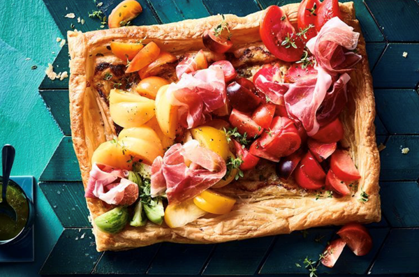 Lemon thyme, mascarpone, prosciutto and tomato tart