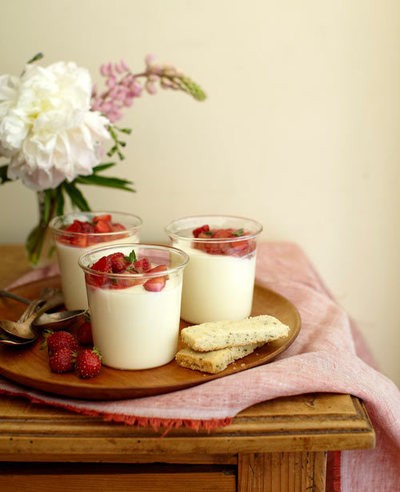 Lemon thyme panna cotta with rhubarb compote and lemon thyme shortbread
