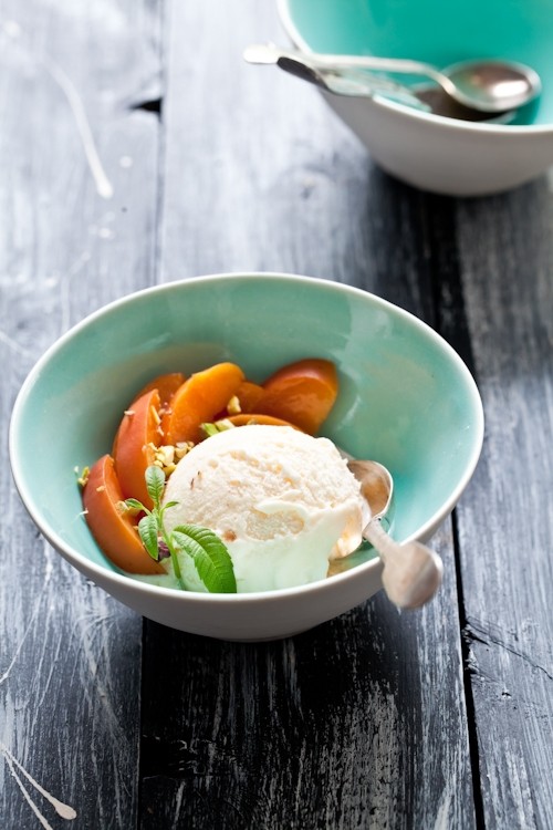 Lemon verbena ice cream and poached peaches