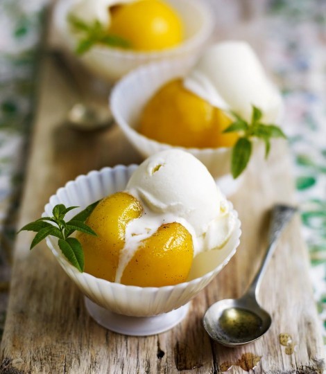 Lemon verbena ice cream with poached peaches