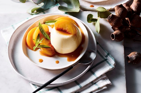 Lemon verbena panna cotta with honeyed peaches