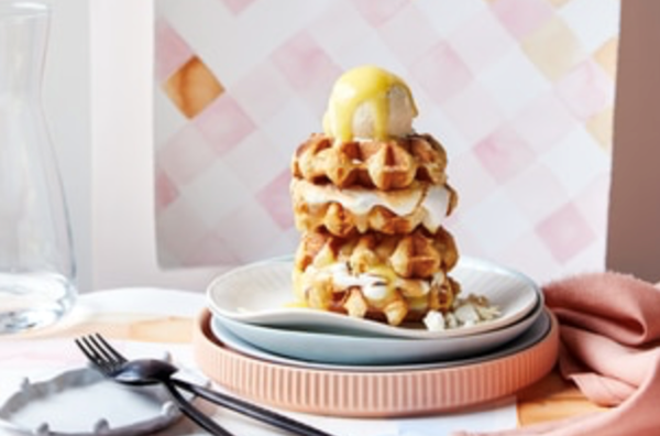Lemon waffle s'mores with coconut meringue ice cream