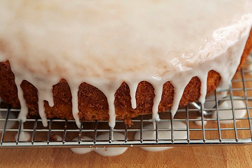 Lemon yogurt cake with apricot-cherry compote