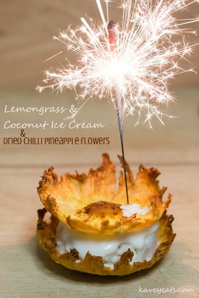 Lemongrass & coconut ice cream with dried chilli pineapple flowers