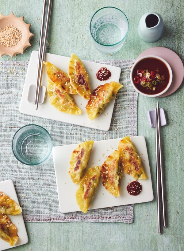 Lemongrass and terakihi pot stickers with soy and lime dipping sauce
