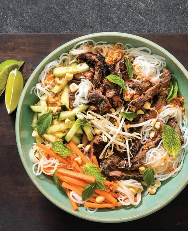 Lemongrass beef and rice noodle bowl