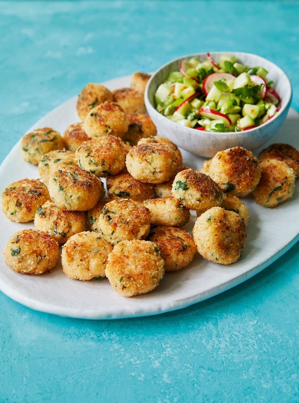 Lemongrass crab cakes with cucumber and radish salsa