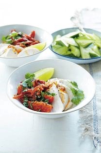 Lemongrass-poached chicken with harissa tomatoes