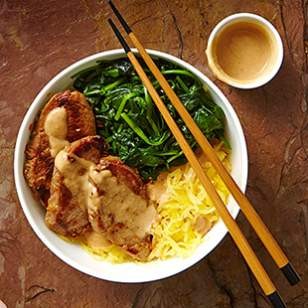 Lemongrass pork & spaghetti squash noodle bowl with peanut sauce