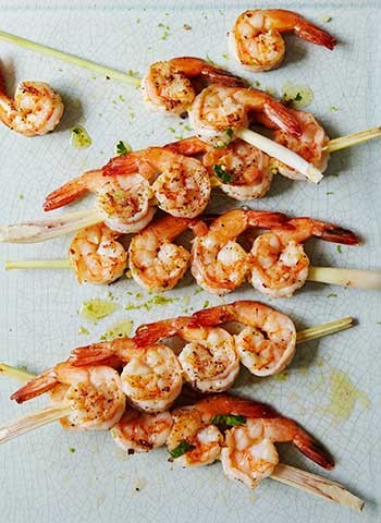 Lemongrass-skewered prawns with sauce vierge