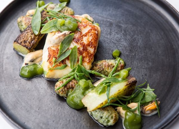 Lemongrass-smoked cod, mussels, sea vegetables, cucumber ketchup 