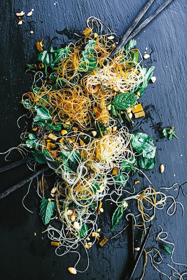 Lemongrass tofu with Asian greens and mung bean vermicelli