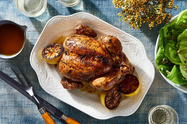 Lemoniest roast chicken [lemony brine for chicken, lemony pan fixings and gravy]