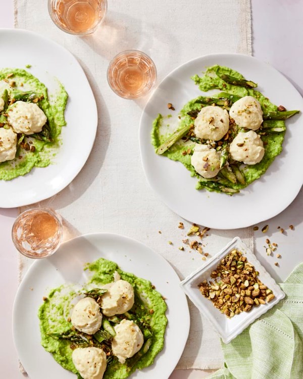 Lemony baked ricotta dumplings with asparagus and pea pesto