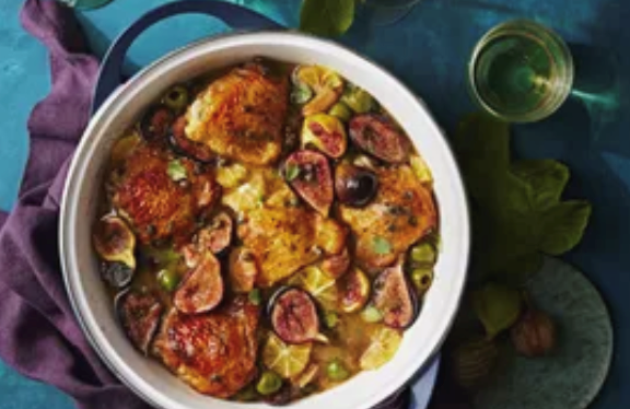 Lemony braised chicken with figs