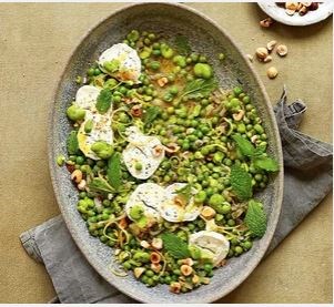 Lemony broad beans with goat's cheese & mint